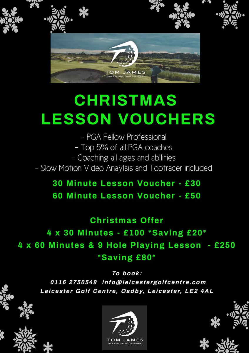 🎅🏼🎄GOLF LESSON VOUCHERS🎄🎅🏼

Perfect Christmas Gift

Leicester Golf Centre, Oadby 📍

• Comes in giftable envelope
• Postage included in price
• Available for all ages and abilities  

Purchase now via call or text - 
07456897240
0116 2750549

tomjamespga.co.uk