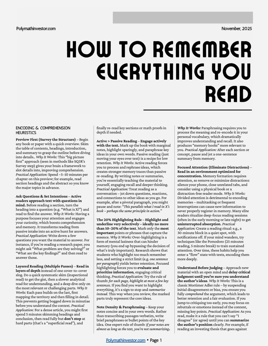 AlexAndBooks_'s tweet image. How To Remember Everything You Read:

(from PolyMathInvestor)