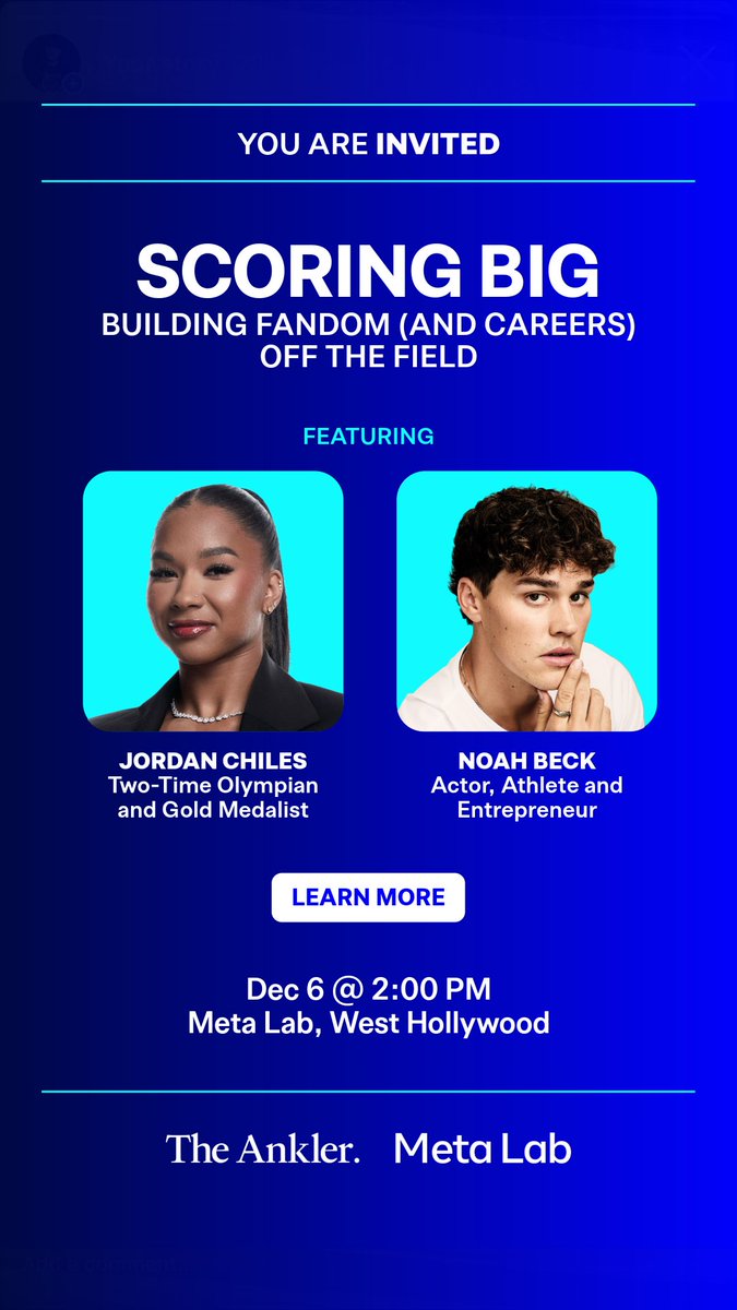 TheAnkler's tweet image. On 12/6 at 2PM, join @natjarv, two-time Olympian and gold medalist Jordan Chiles and actor, athlete, and entrepreneur @noahbeck  at @Meta Lab West Hollywood. They&apos;ll speak about earning recognition as athletes and expanding into creative brands. RSVP: rsvp.zkipster.com/_3gx15