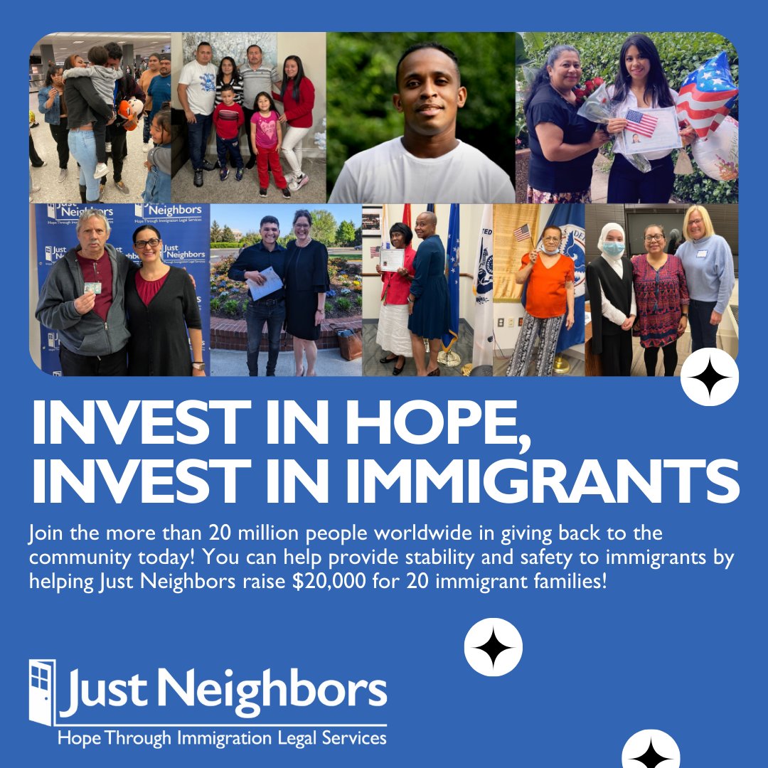 #GivingTuesday is here!

Today, your gift to Just Neighbors goes TWICE as far thanks to a $10,000 matching challenge from the Immigration Law &amp; Justice Network.
Make your matched gift today: justneighbors.app.neoncrm.com/campaigns/givi…

#ImmigrantJustice #SupportImmigrants #DoubleYourImpact