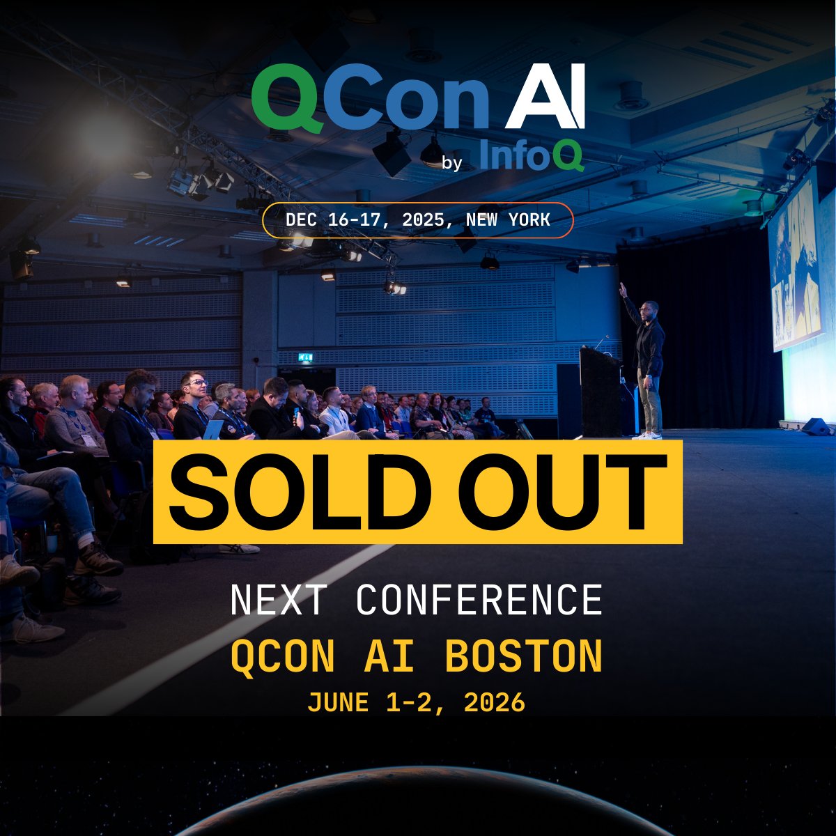 QCon's tweet image. QCon AI New York is officially sold out.

If you missed a spot, the conversation continues at QCon AI Boston, June 1-2, 2026.

Learn more and register at bit.ly/3KrNdGW

#QConAI #AIEngineering #SoftwareArchitecture #GenAI #LLMs