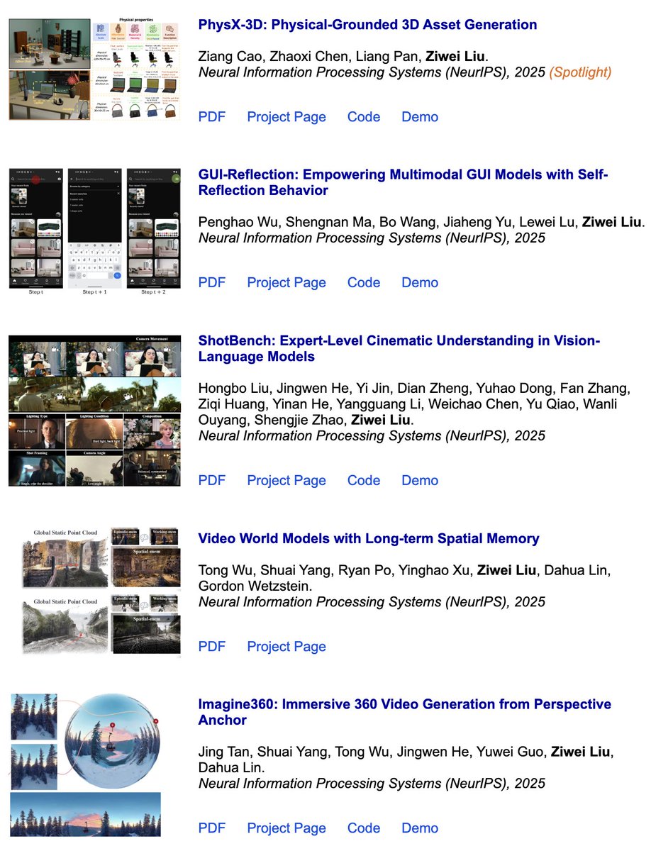 liuziwei7's tweet image. 📢#NeurIPS2025 Welcome to check out our work @NeurIPSConf📢

* 3D Gen
- PhysX: physx-3d.github.io

* VLM
- GUI-Reflection: penghao-wu.github.io/GUI_Reflection/
- ShotBench: vchitect.github.io/ShotBench-proj…

* World Model
- Spatial Mem: spmem.github.io
- Imagine360: ys-imtech.github.io/projects/Imagi…