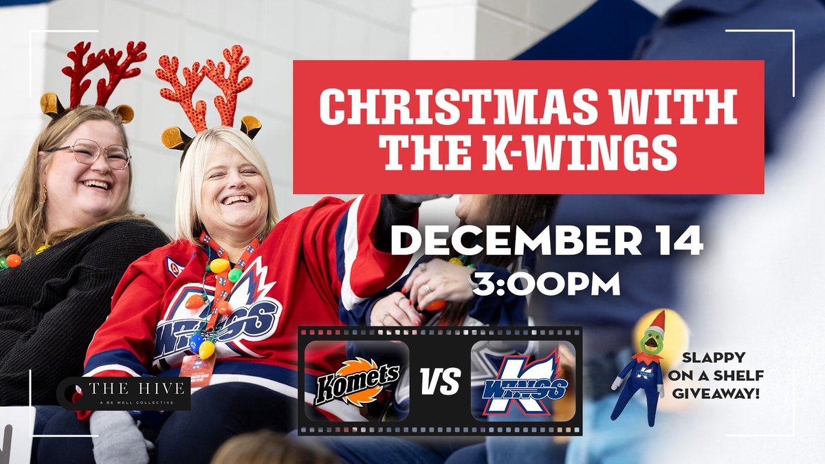 Jingle all the way to Wings Event Center🎄✨

Christmas with the K-Wings is coming Sunday, December 14!

🎁 The first 1,000 fans will get a Slappy on the Shelf giveaway, and after the game, slide into some post-game fun with our Fans Skate the Ice event—just $5 skate rentals!
