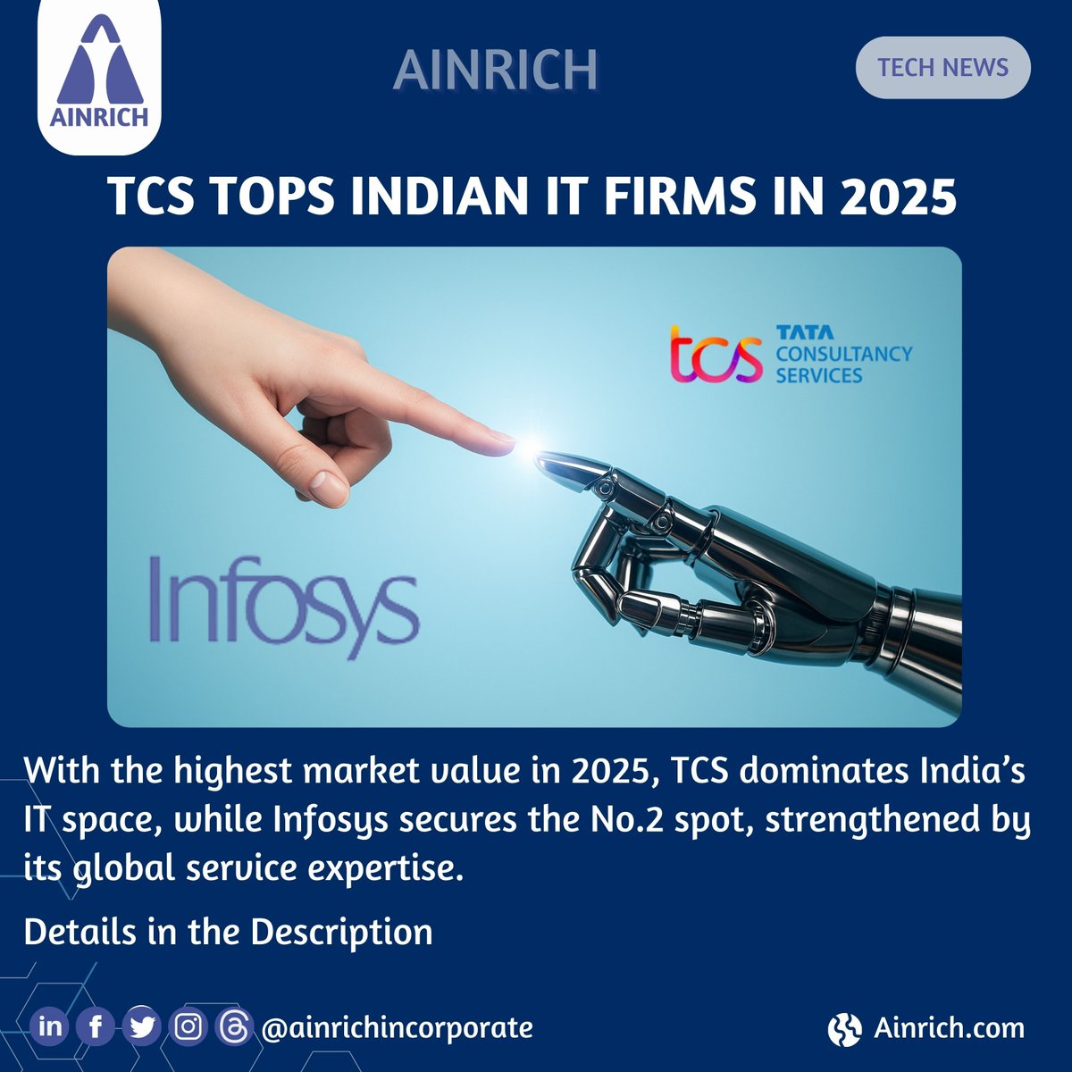 Ainrichinc's tweet image. In 2025, #TCS stands as India’s No.1 IT powerhouse, holding the highest market value among all Indian IT firms. Close behind, #Infosys secures the No.2 spot, showcasing strong global performance, innovation, and trusted excellence in software and IT services.
#Ainrichincorporate