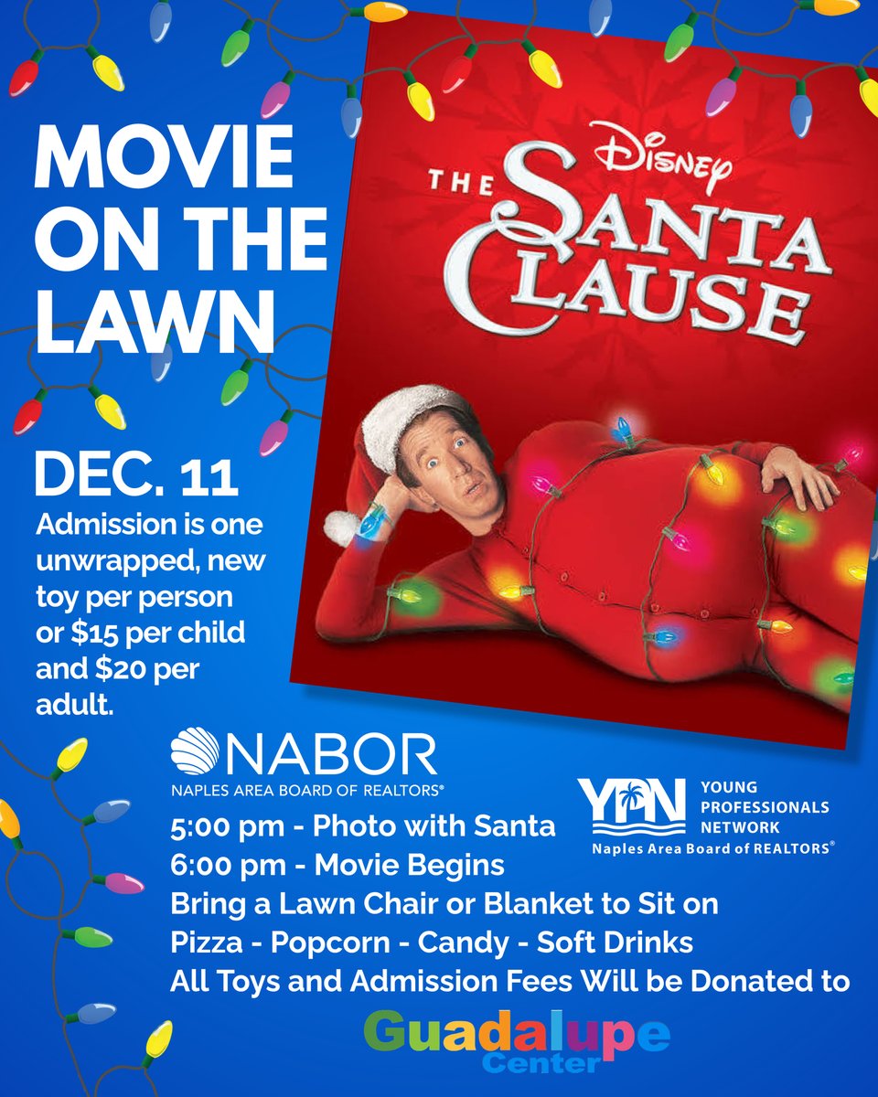 🎅✨ Holiday fun is coming to the NABOR® lawn!

Join us on December 11 for a festive outdoor showing of The Santa Clause, hosted by our YPN Committee. Enjoy photos with Santa, delicious treats, and a cozy night under the lights.