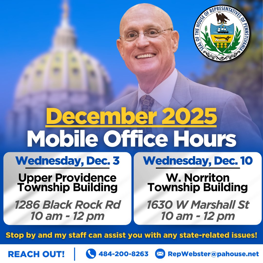 RepJoeWebster's tweet image. If you’re unable to make it to my district office for state-related assistance, my staff is available for mobile office hours on the first and second Wednesday of each month. 

Check out our upcoming December schedule below: