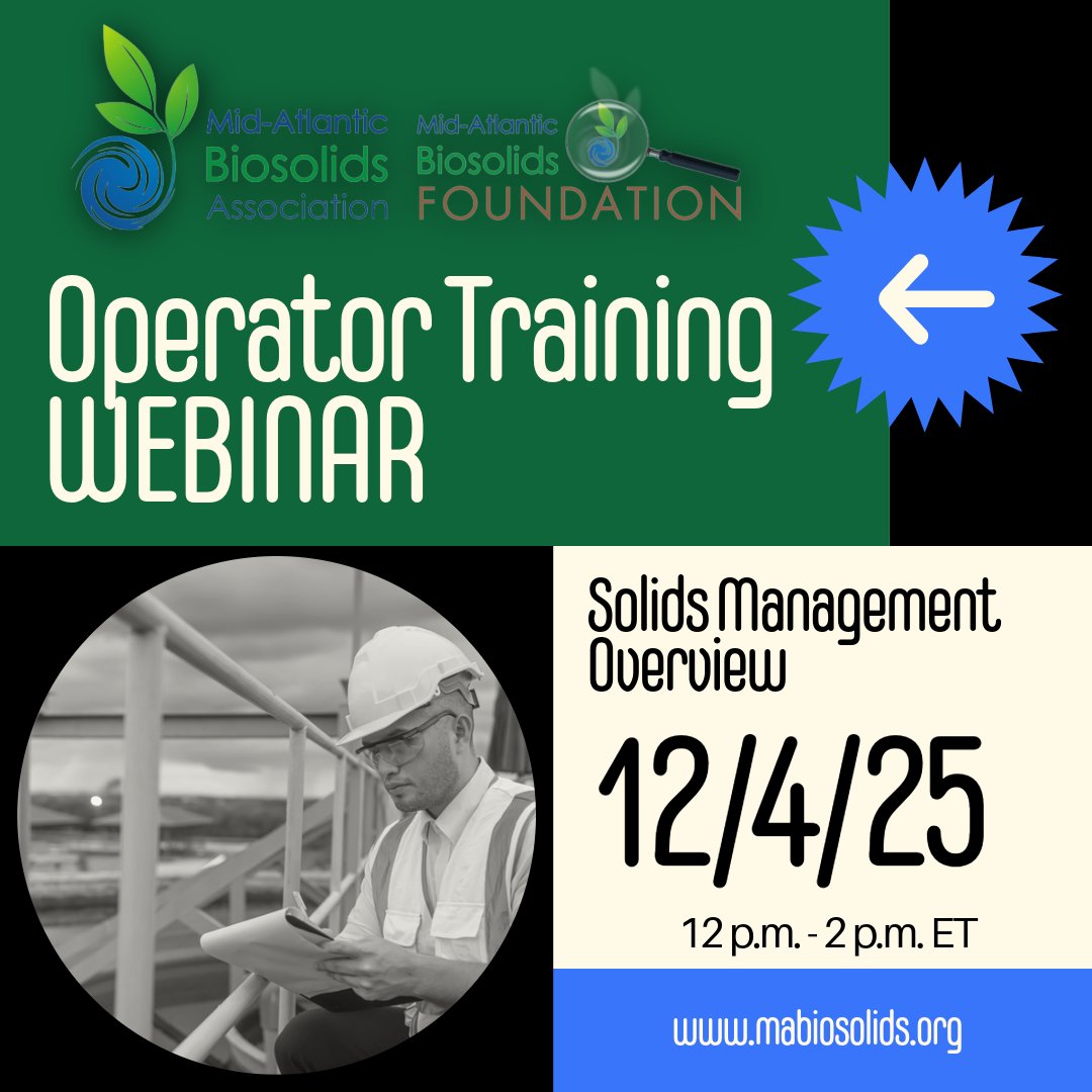 This Thursday! Register NOW for Biosolids Training for Operators!
lnkd.in/e3BM9gEX
Join us for the first in a series of Operator Training webinars!
COST:
Member: $15
Nonmember: $30