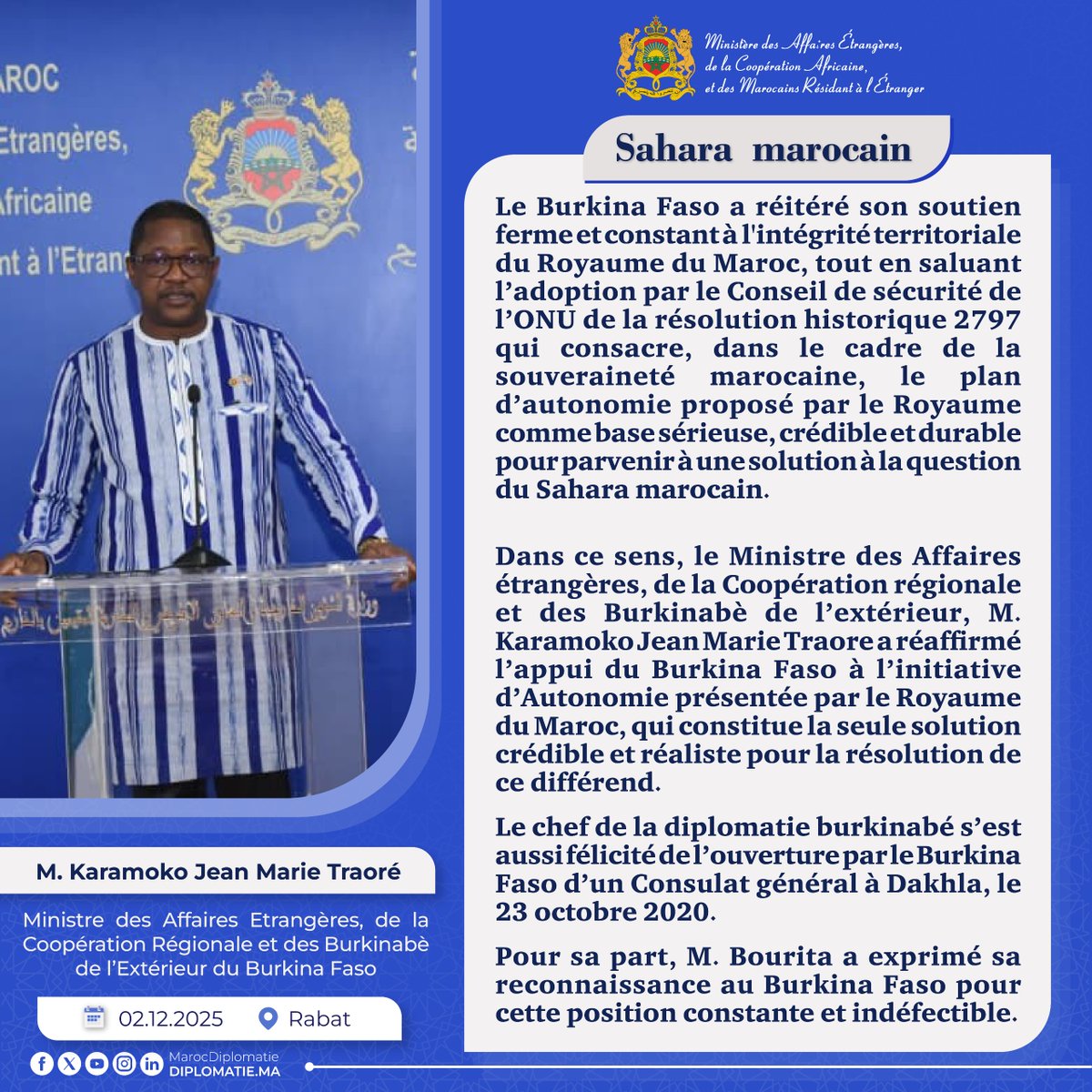 #Sahara_marocain : Le Burkina Faso réitère son soutien ferme à l’intégrité territoriale du Maroc et salue l’adoption par le Conseil de sécurité de la résolution historique 2797 qui consacre le plan d’autonomie