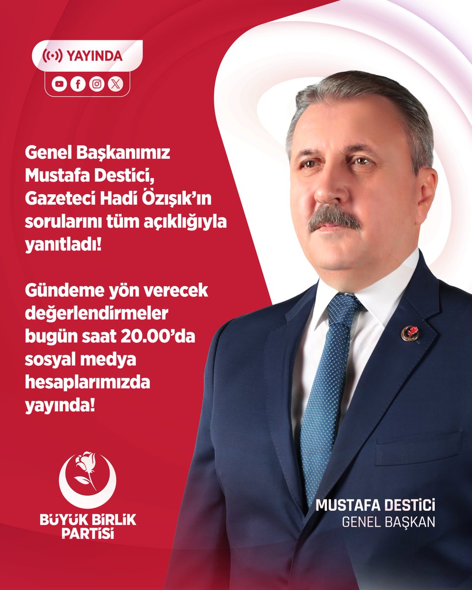 Genel Başkanımız Mustafa Destici, gazeteci Hadi Özışık'ın sorularını tüm açıklığıyla yanıtladı.

Gündeme yön verecek değerlendirmeler bugün saat 20.00'de sosyal medya hesaplarımızda yayında!