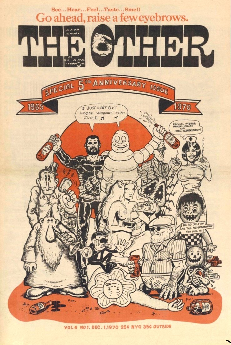 Gregory_Ego's tweet image. Underground cartoon characters galore on the cover of the East Village Other, December 1, 1970. What better way to celebrate the publication&apos;s fifth anniversary? &quot;I just can&apos;t get loose without that juice 🎵&quot;