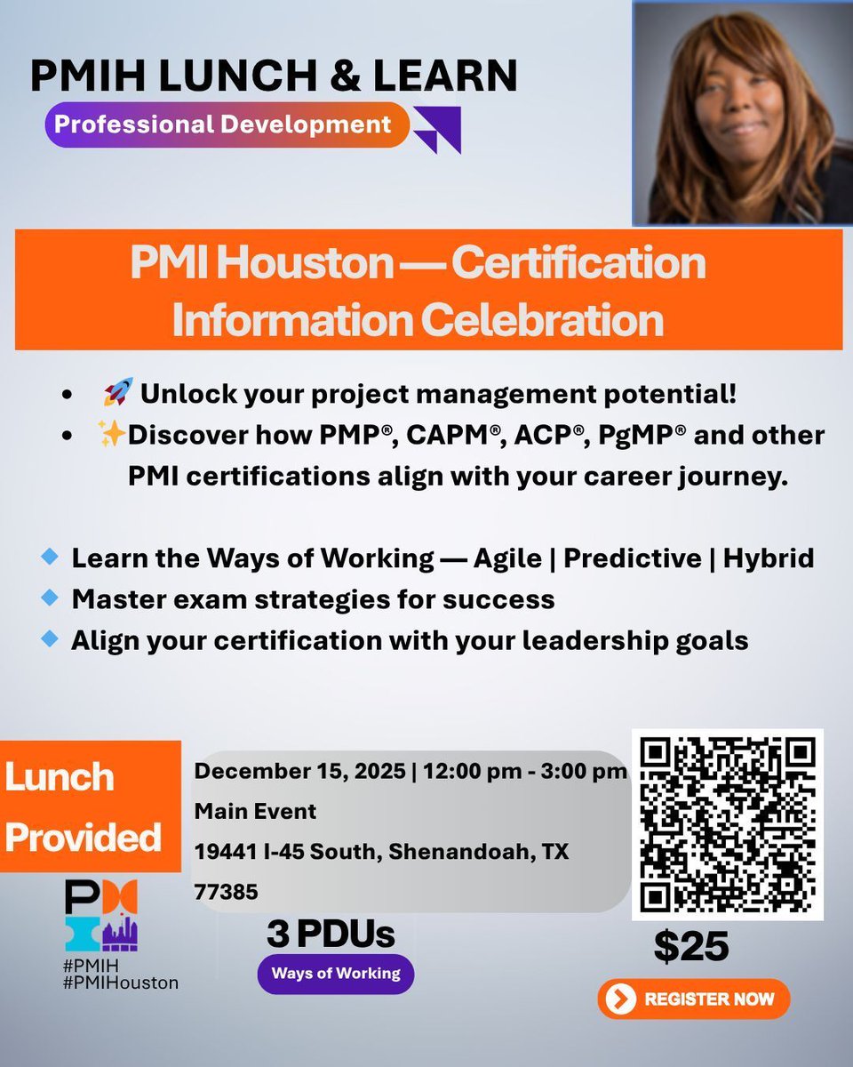 PMIHouston's tweet image. 🔥 Exciting Update! 🔥
Our PMI Certification Pathways event is on Dec 15! 🎉

🚀 Unlock your PM potential with PMP®, CAPM®, ACP®, PgMP® &amp;amp; more!
💡 Learn Agile | Predictive | Hybrid
🌟 Boost your career + leadership journey

👉 Register now: buff.ly/8tSSWo5