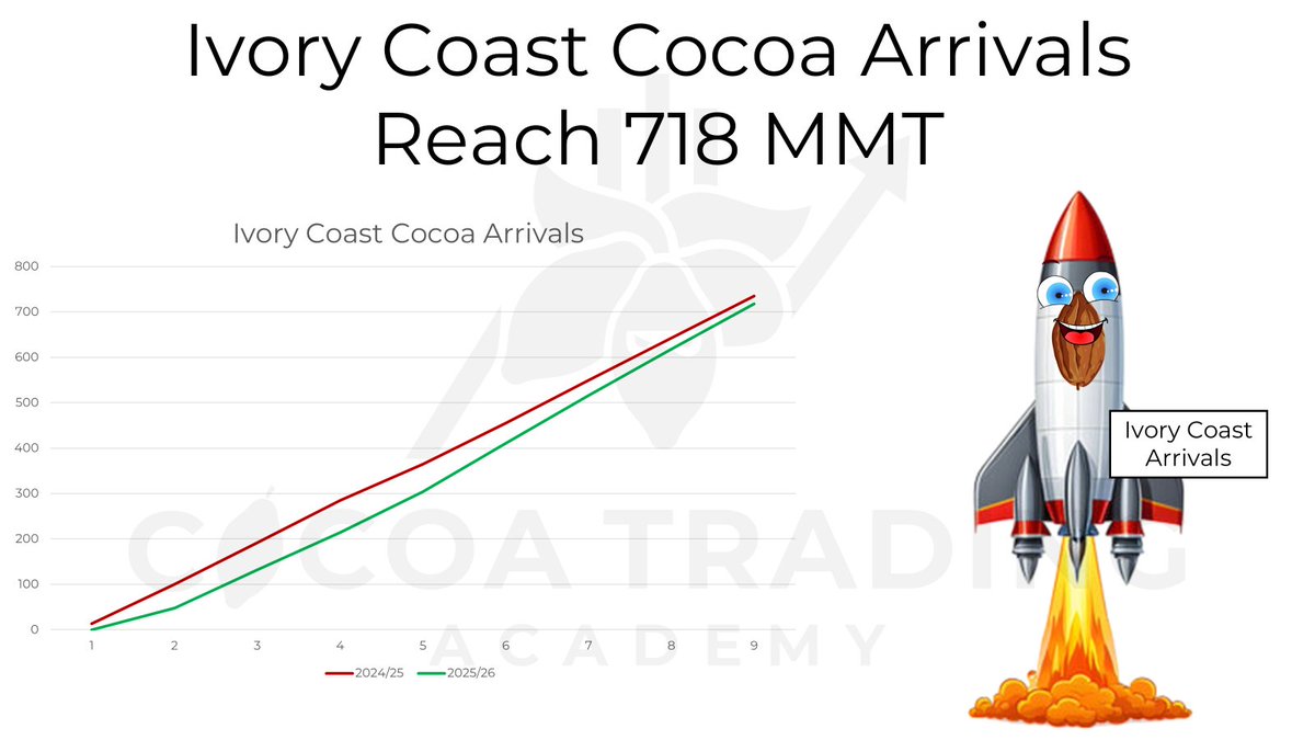 cocoaninjaryan's tweet image. #IvoryCoast #cocoa arrivals rose 100 MMT in the week ending November 30, reaching 718 MMT. The value is still 2.3% below 2024/25 levels but represents the lowest difference so far