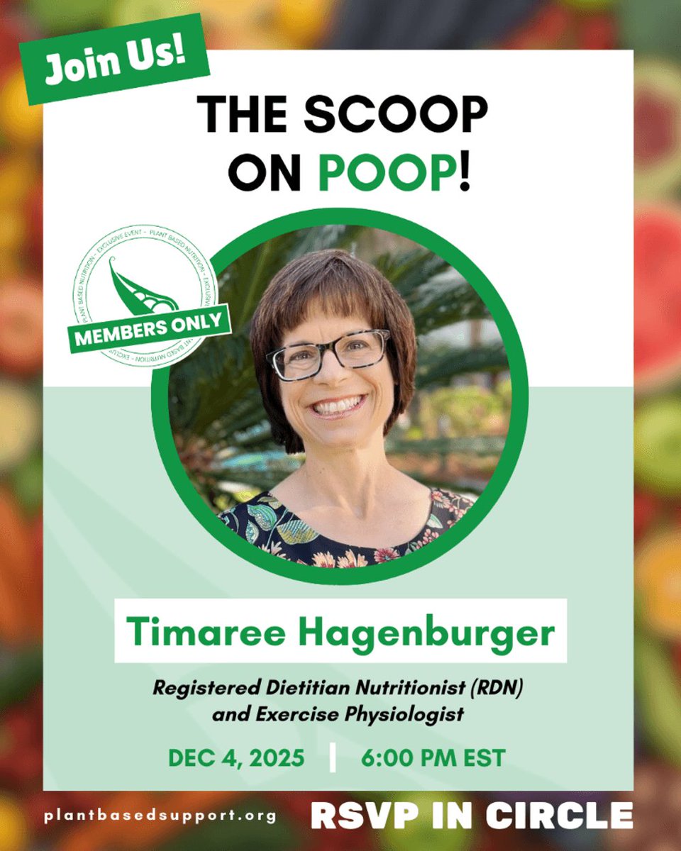 Two powerful nights for plant based health 🌿

🌱December 3 at 7 PM Dr. Garth Davis tackles the protein myth 
🌱December 4 at 6 PM Timaree Hagenburger dives into gut health with The Scoop on Poop.

#PlantBasedSupport #PlantProtein #GutHealth #WFPB #PlantBasedLiving