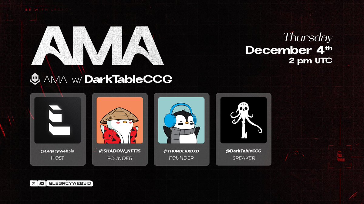 LegacyWeb3io's tweet image. We&apos;re excited to announce our upcoming premium AMA with @DarkTableCCG 

Dark Table CCG is the world’s first Cross-Collectible (C2) Card Game: a free-to-play, 4-player strategic experience with a fully onchain, cross-platform economy and 1000s of items. 

Inspired by what card…
