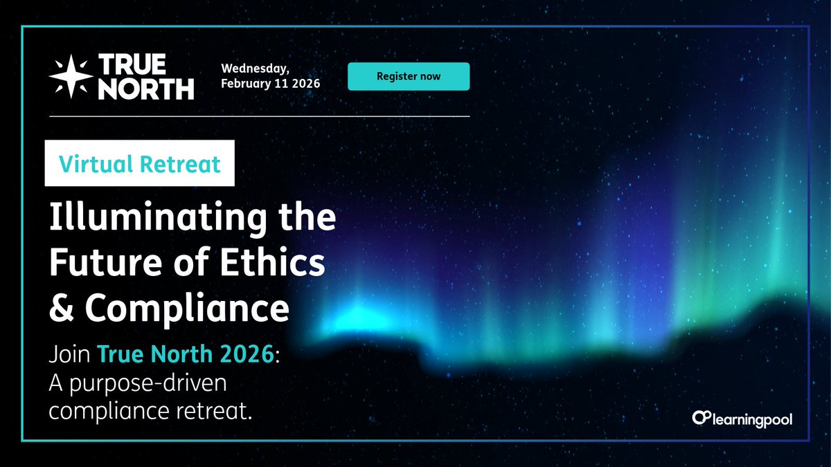 LearningPool's tweet image. Get ready for a new kind of compliance event. ✨

True North 2026—a one-day virtual retreat for ethics &amp;amp; compliance leaders—is happening Feb 11.

Exciting sessions and speaker announcements coming soon.

🔗 Register: hubs.ly/Q03WqwlY0

#TrueNorth2026#ComplianceLeadership