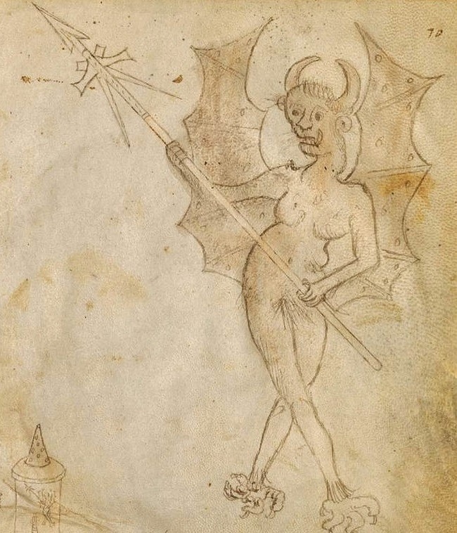 archaeologyart's tweet image. Illustration of a demonic figure (Folio 70r). From the manuscript Bellicorum instrumentorum liber (Book of Warfare Devices). Artist: Johannes de Fontana. Date: c. 1420–1430 AD. Medium: Ink on parchment. Collection: Bayerische Staatsbibliothek, Munich (Cod. icon. 242).