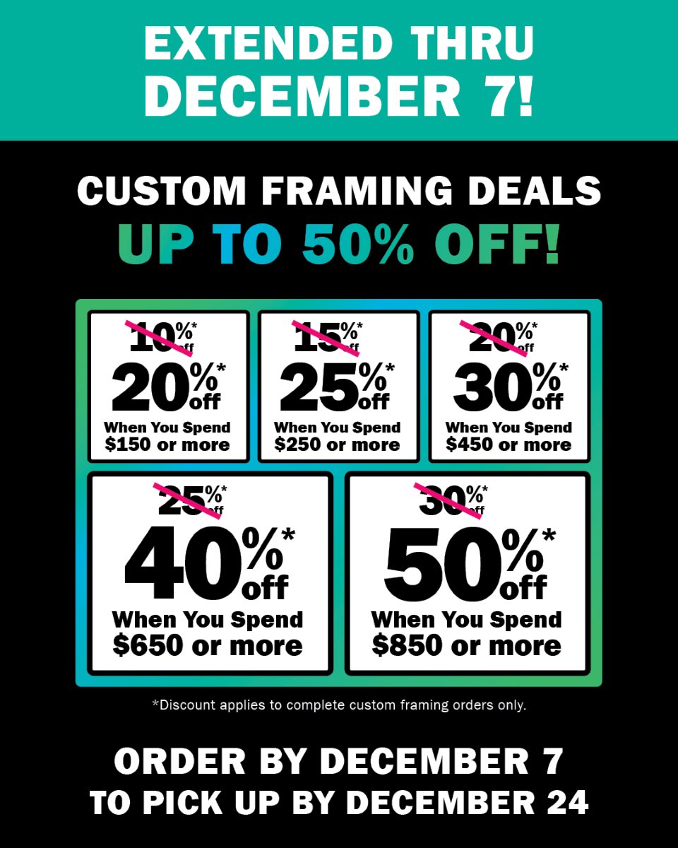 PlazaArt's tweet image. ✨ Custom Framing Deals have been extended thru December 7! Give your art and memories the spotlight this holiday season. Order by December 7 for Christmas Eve pickup.

Learn more: plazaart.com/custom-picture… 

#CustomFraming #FrameItWithPlazaArt #ArtistMaterials #HolidaySale
