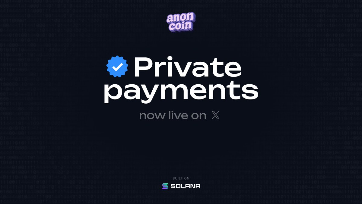anoncoinit's tweet image. Private Payments on X are live. Built on @solana.

Tag any handle, mention amount, tag @anoncoinit &amp;amp; the payment is sent privately. The transaction is end-to-end encrypted. 

If you have a blue check, you already have $5 to try it. No signup needed.

A new era of social payments.