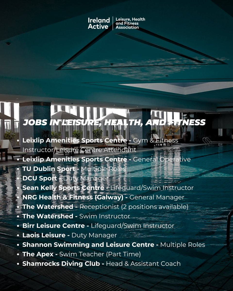 irelandactive's tweet image. 💡 𝙅𝙤𝙗 𝙊𝙥𝙥𝙤𝙧𝙩𝙪𝙣𝙞𝙩𝙞𝙚𝙨 💡
Passionate about leisure, health, and fitness? Our members are hiring!

Discover amazing job opportunities in the industry: irelandactive.ie/membership/job…

#IrelandActive #JobFairy #LeisureIndustry #HealthIndustry #FitnessIndustry#IrishJobs