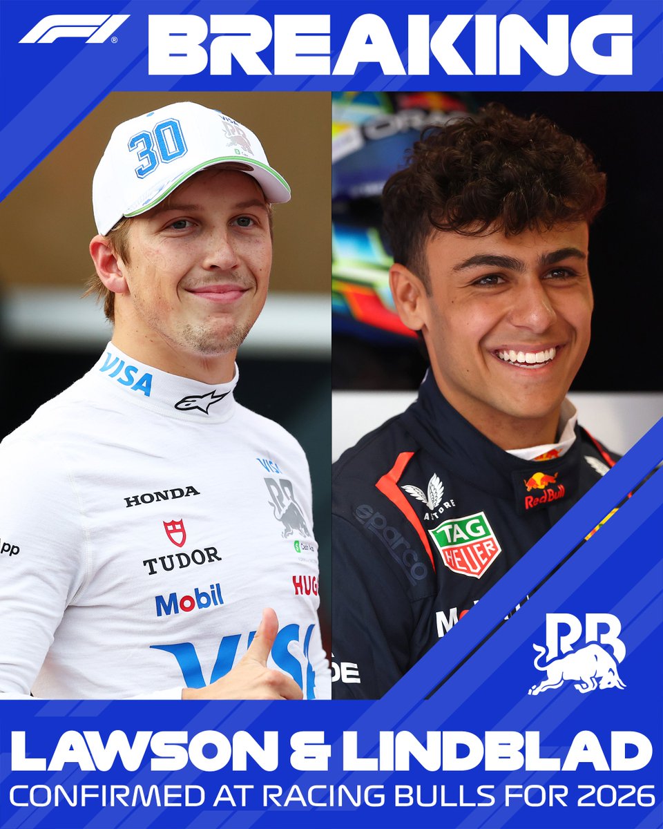 F1's tweet image. BREAKING: Arvid Lindblad to race alongside Liam Lawson for Racing Bulls in 2026

#F1