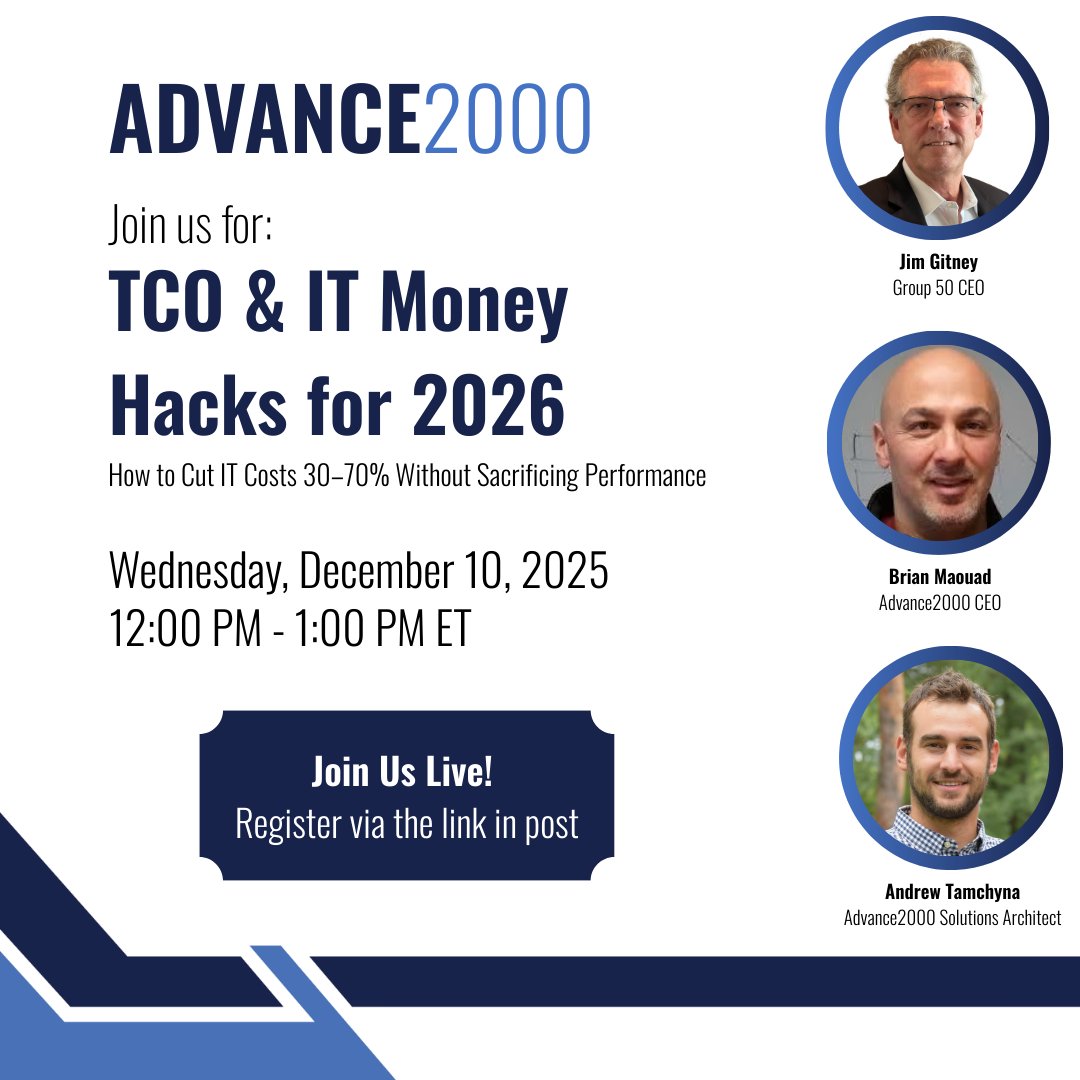 Advance2000's tweet photo. Ready to rethink how you budget for IT in 2026?

Join us for a focused, insight-driven webinar on modern cloud economics and the strategic infrastructure moves that can cut IT costs by 30–70%. We’ll break down the real financial levers that lower TCO and help teams run smarter heading into the new year.

🗓️ Tuesday, December 10, 2025
🕛 12:00 PM – 1:00 PM ET

Save your spot and strengthen your 2026 IT roadmap:
https://t.co/FXSbN01J0t

#Advance2000 #TCO #ITMoneyHacks #CloudComputing #ITStrategy #CostOptimization #DigitalTransformation