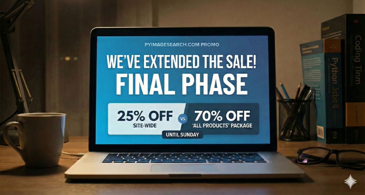 PyImageSearch's tweet image. We&apos;ve extended the sale! This is the final phase. 

Get 25% OFF site-wide or 70% OFF the &apos;All Products&apos; package until Sunday. 

buff.ly/4nGlNCy