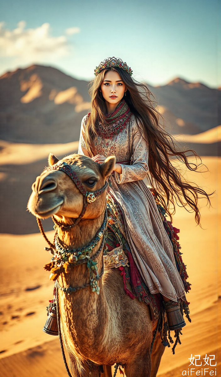 aifeifei799's tweet image. a beautiful Korean woman riding a camel in the desert, with a oasis in the background