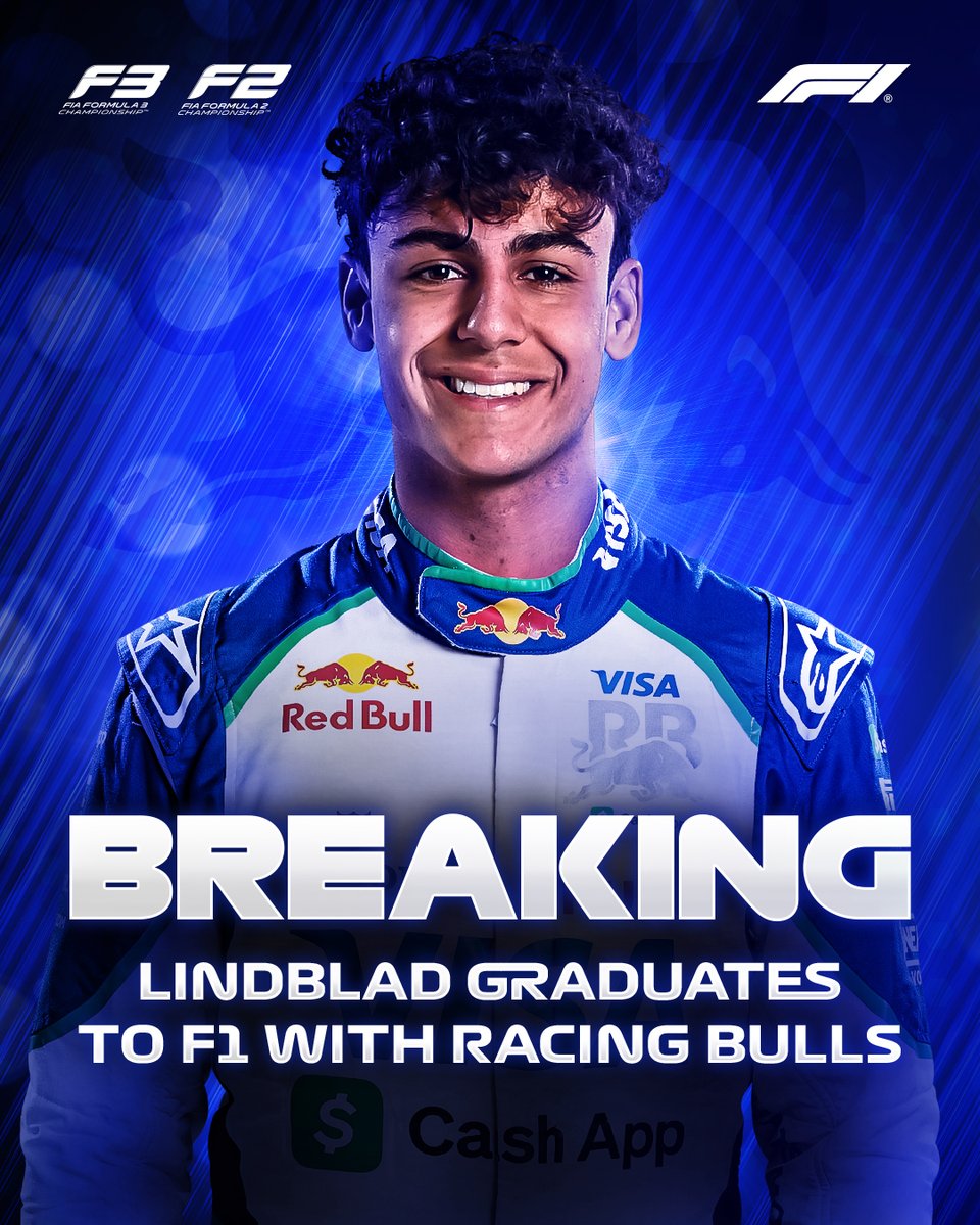 Formula2's tweet image. BREAKING: Arvid Lindblad graduates to F1 with @visacashapprb for 2026 🎓

HUGE congratulations to you, Arvid!!! 👏🥹

#F2 #RoadToF1
