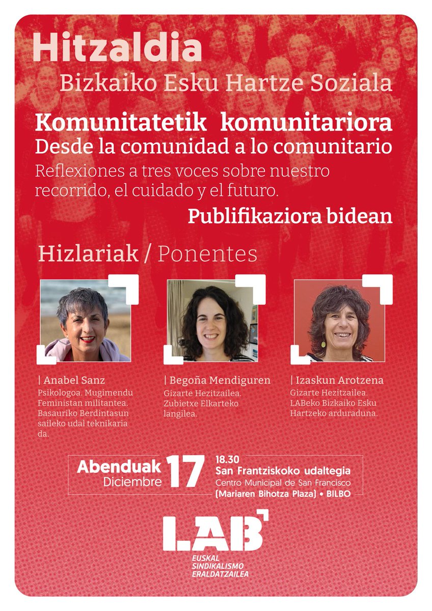 🎤Hitzaldi honetan, begirada feminista duen zaintza sistemaren inguruan hitz egingo dugu.

👉Bizkaiko Esku Hartze Sozialak gizarteari egin dion ekarpenaz ere. 

🔜🌄Y no perder nuestra identidad que marcará los pasos hacia la publificación.