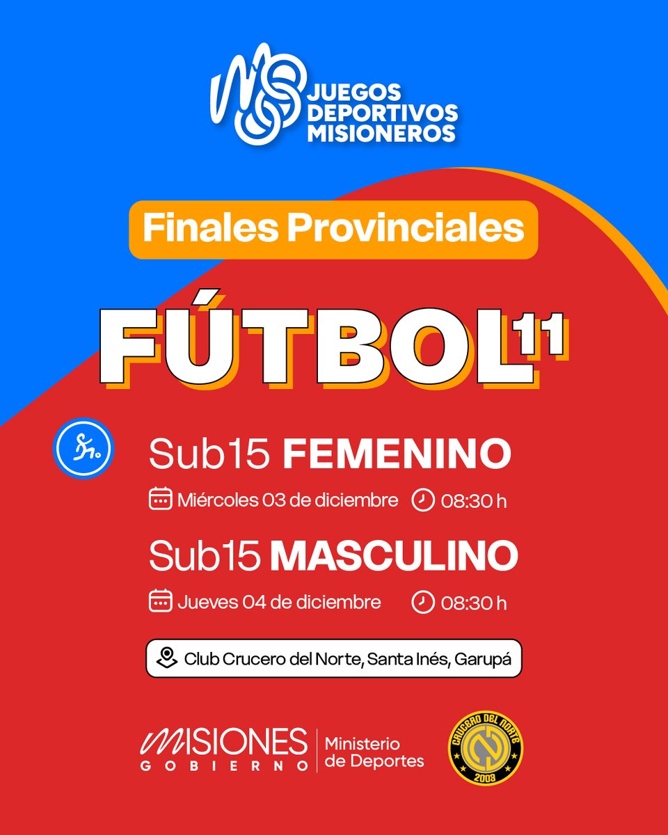 🏅Juegos Deportivos Misioneros

⚽Se define Fútbol 11: el miércoles y el jueves se disputarán los torneos de la categoría Sub15, femenino y masculino, respectivamente, en el <a href="/Club_Crucero/">Club Crucero</a> 

➕Info➡️deportes.misiones.gob.ar/juegos-deporti…
