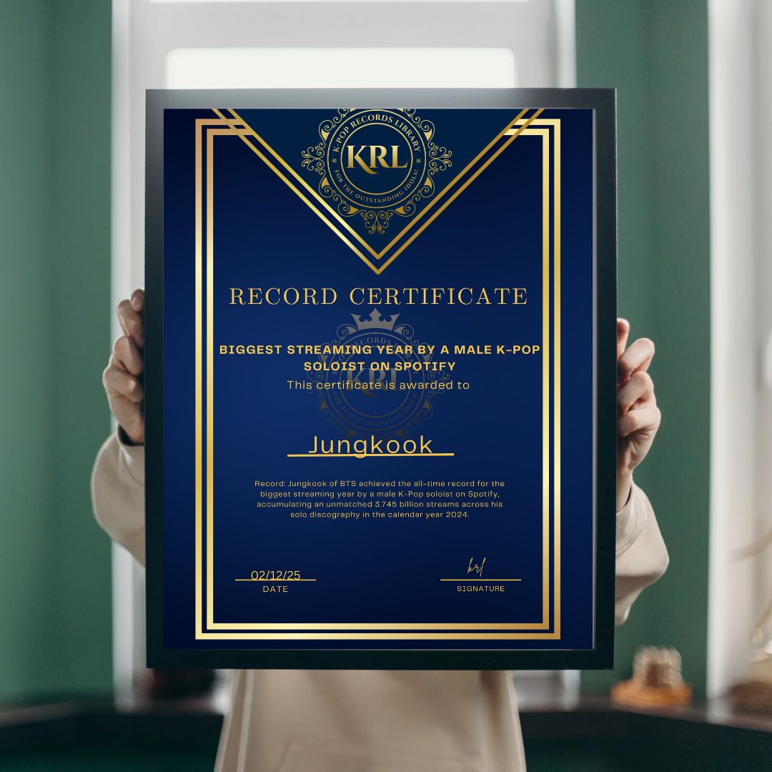 kpoprecordor's tweet photo. Certified by K-pop Records Library: Biggest Streaming Year by a Male K-pop Soloist on Spotify – Record by Jungkook https://t.co/ISOtDdilJW
