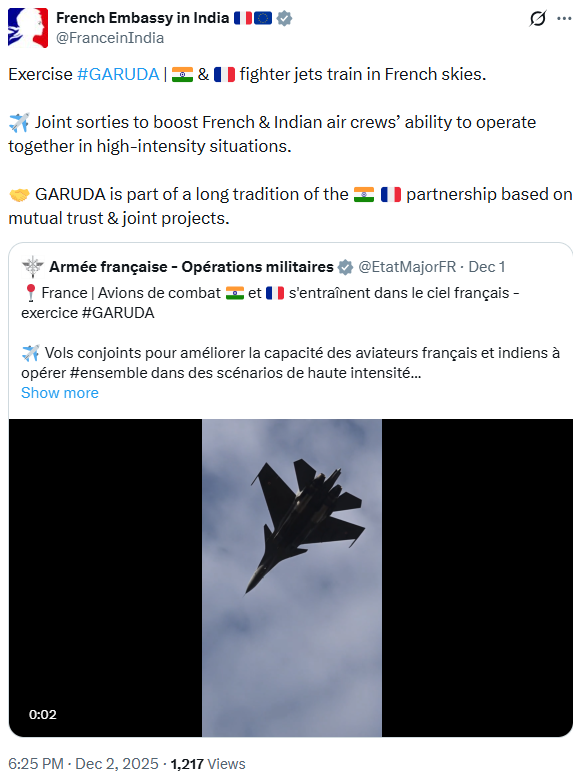 PTI_News's tweet image. French Embassy in India posts, "Exercise #GARUDA | 🇮🇳 &amp;amp; 🇫🇷 fighter jets train in French skies. ✈️ Joint sorties to boost French &amp;amp; Indian air crews’ ability to operate together in high-intensity situations. 🤝 GARUDA is part of a long tradition of the 🇮🇳 🇫🇷 partnership based on