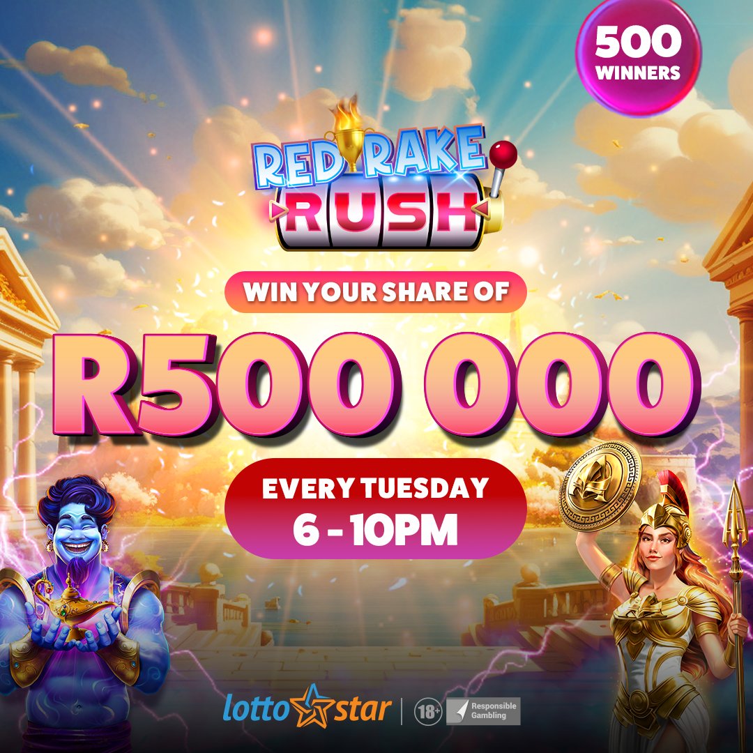 Lotto_Star's tweet photo. Festive Season = The perfect time to feel the rush! 🥵
Join our Red Rake Rush Tournament tonight, from 6-10 PM and spin your way to big wins. 500 winners and a share of R500,000 are waiting at the finish line! Ready, set, GO! 🏁
#LottoStar #RedRake #FinishLine #SpinNow #Rush https://t.co/cFZLBnmxsE