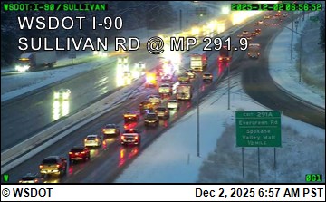 mattgraykxly's tweet image. A wreck near the WB Sullivan Road exit on I-90 has traffic backed up past the Barker Road exit in #Spokane County. The snow has stopped, but slick surfaces remain.