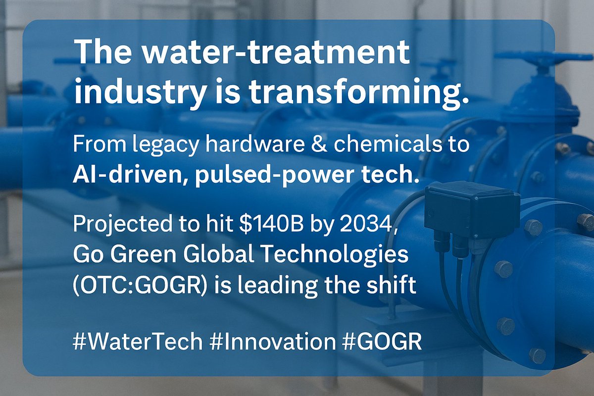 The water-treatment industry is transforming.
From legacy hardware &amp; chemicals to AI-driven, pulsed-power tech.
Projected to hit $140B by 2034, Go Green Global Technologies $GOGR is leading the shift.
$GWRS $CEIN #WaterTech