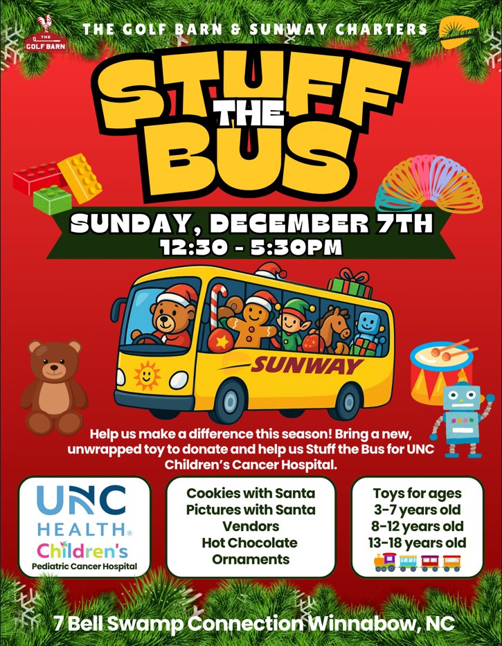 SunwayCharters's tweet photo. Sunway Charters is teaming up with The Golf Barn for a special Stuff the Bus event benefitting UNC Children’s Cancer Hospital — and we’d love for you to join us!

📅 Sunday, December 7
⏰ 12:30–5:30 PM
📍 The Golf Barn – Winnabow, NC
✨ Donations accepted during event hours only https://t.co/VLWsiq9RTd