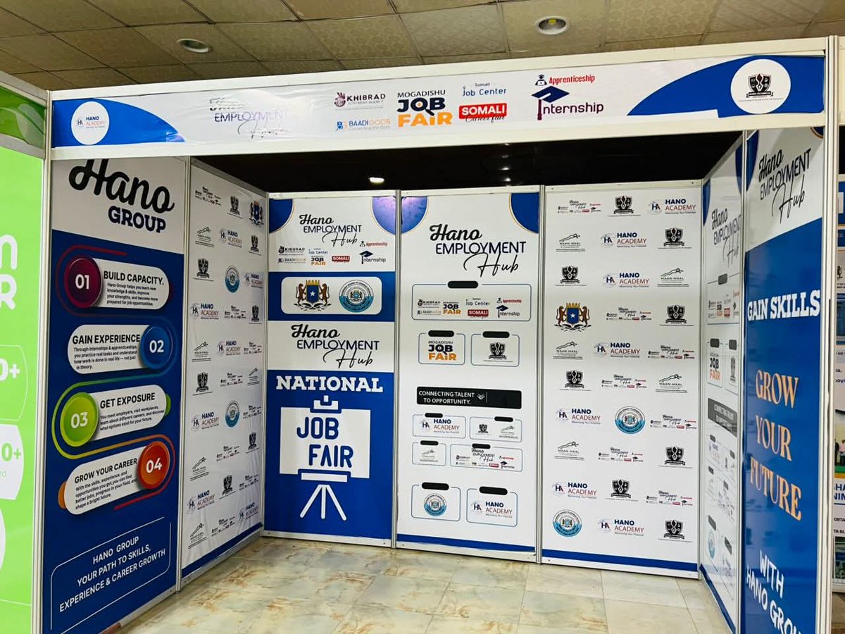 HanoEmployment's tweet photo. Hano Employment Hub  wax walba waa diyaar! 
Our team is ready to support job seekers at National Job Fair 2025!
#NationalJobFair2025 #HanoEmploymentHub #YouthEmployment https://t.co/Bq9POPtsKA
