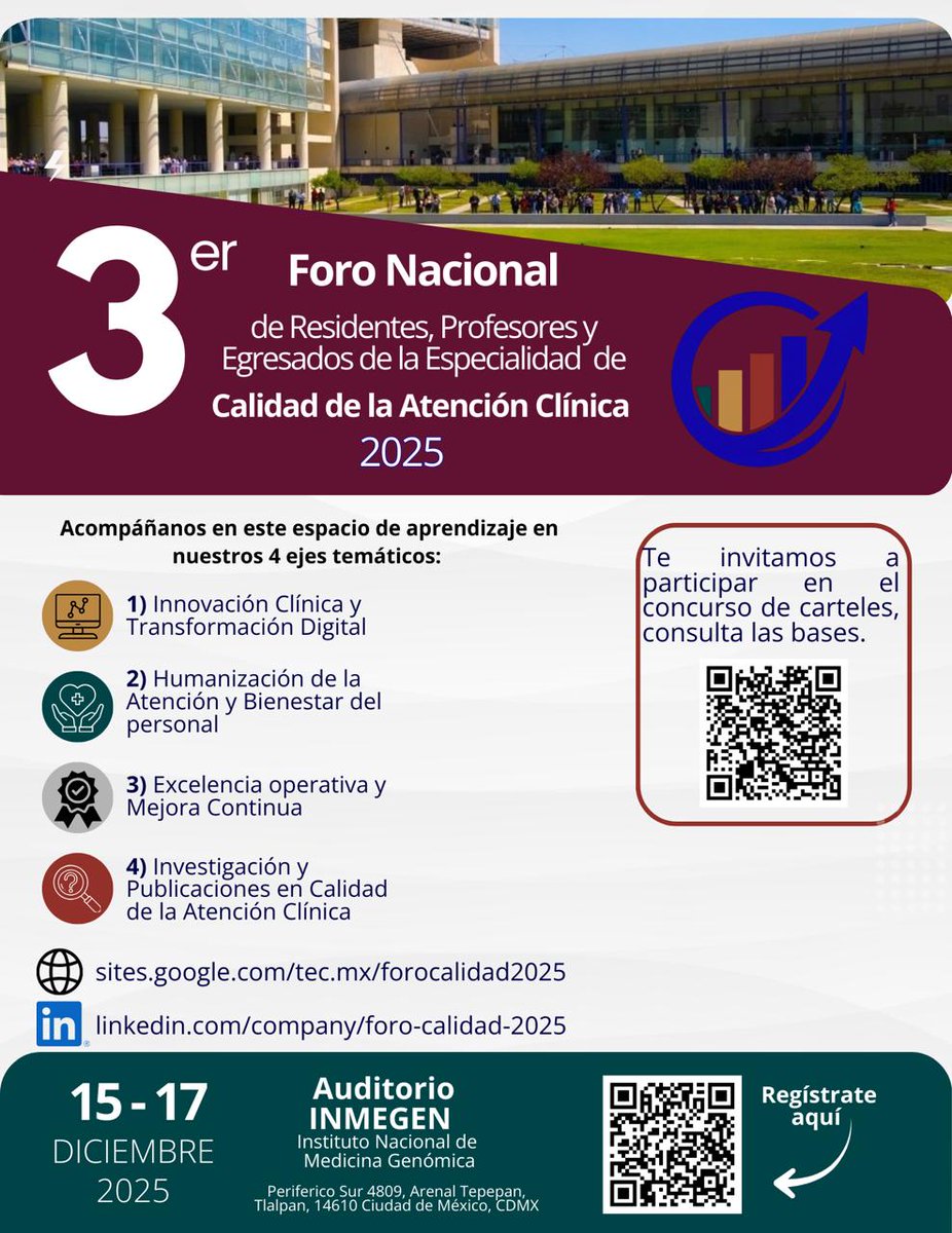 📌 3.er Foro de Residentes, Profesores y Egresados de la Especialidad de Calidad de la Atención Clínica
🗓 Fechas:
🩺 Foro nacional: 15, 16 y 17 de diciembre
📝 Registro aquí:
sites.google.com/tec.mx/forocal…

#RCAC <a href="/TecdeMonterrey/">Tecnológico de Monterrey</a> <a href="/TecSaludMX/">TecSalud - Sistema de Salud del Tec de Monterrey</a>