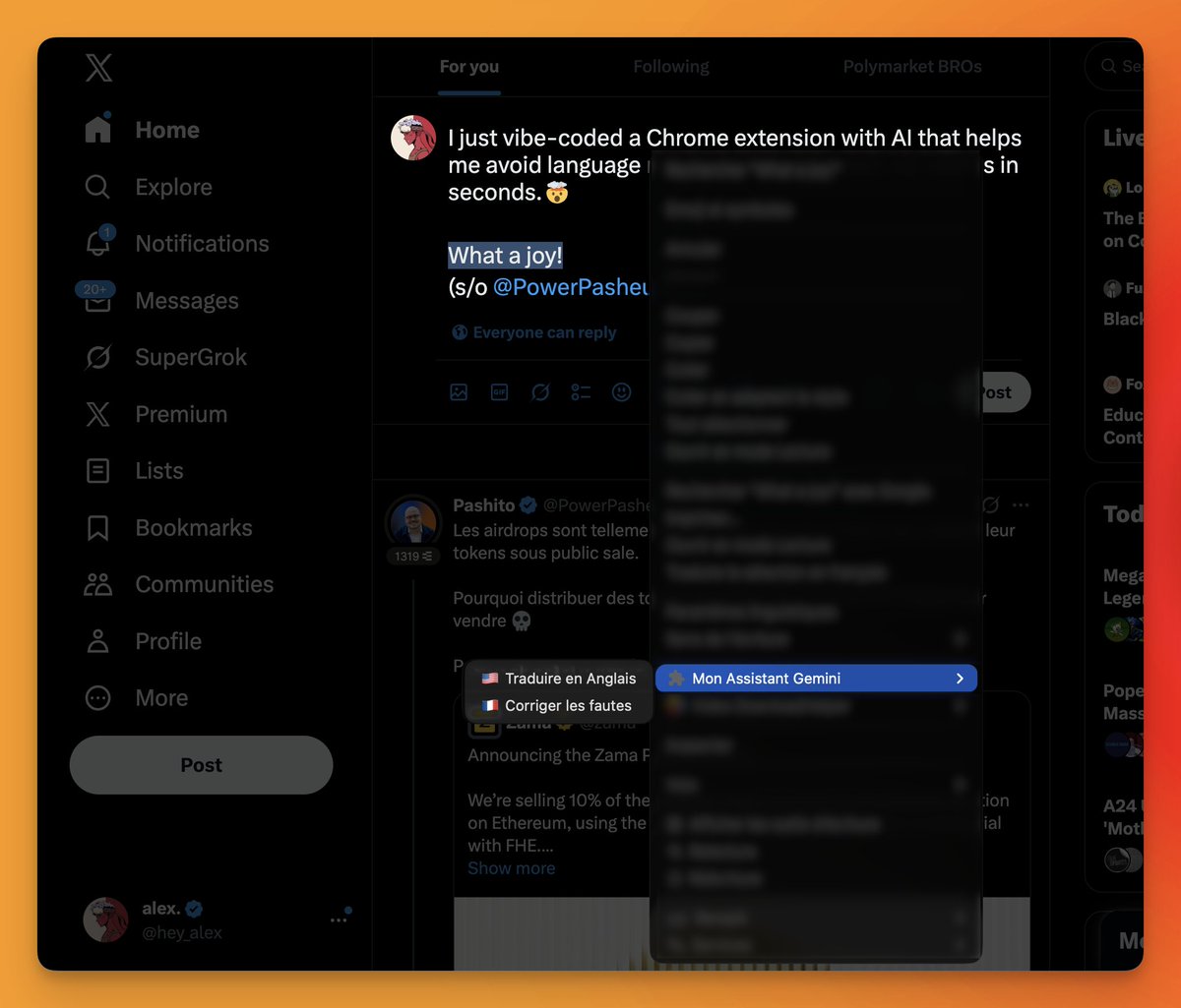 I just vibe-coded a Chrome extension with AI that helps me avoid language mistakes and translate my tweets in seconds.🤯 

What a joy!
(s/o <a href="/PowerPasheur/">Pashito</a>)