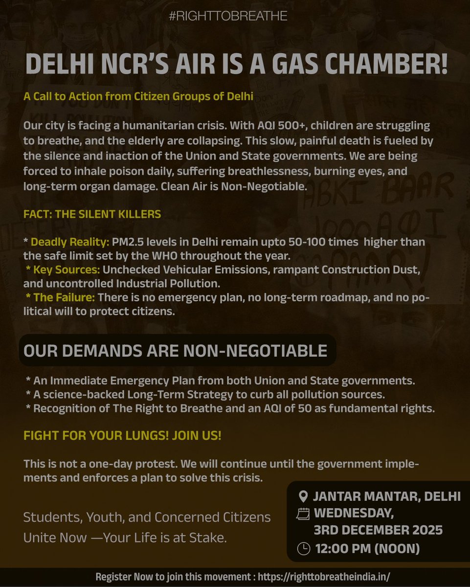 varunchoudhary2's tweet photo. I call upon all Members of Parliament, health professionals, media, students–youth and every citizen.

We don’t deserve to live in AQI 500 — we deserve air below AQI 50.

It’s time to unite at Jantar Mantar tomorrow, push the government to act, and demand our #RightToBreathe. https://t.co/aZk4ZPcER5