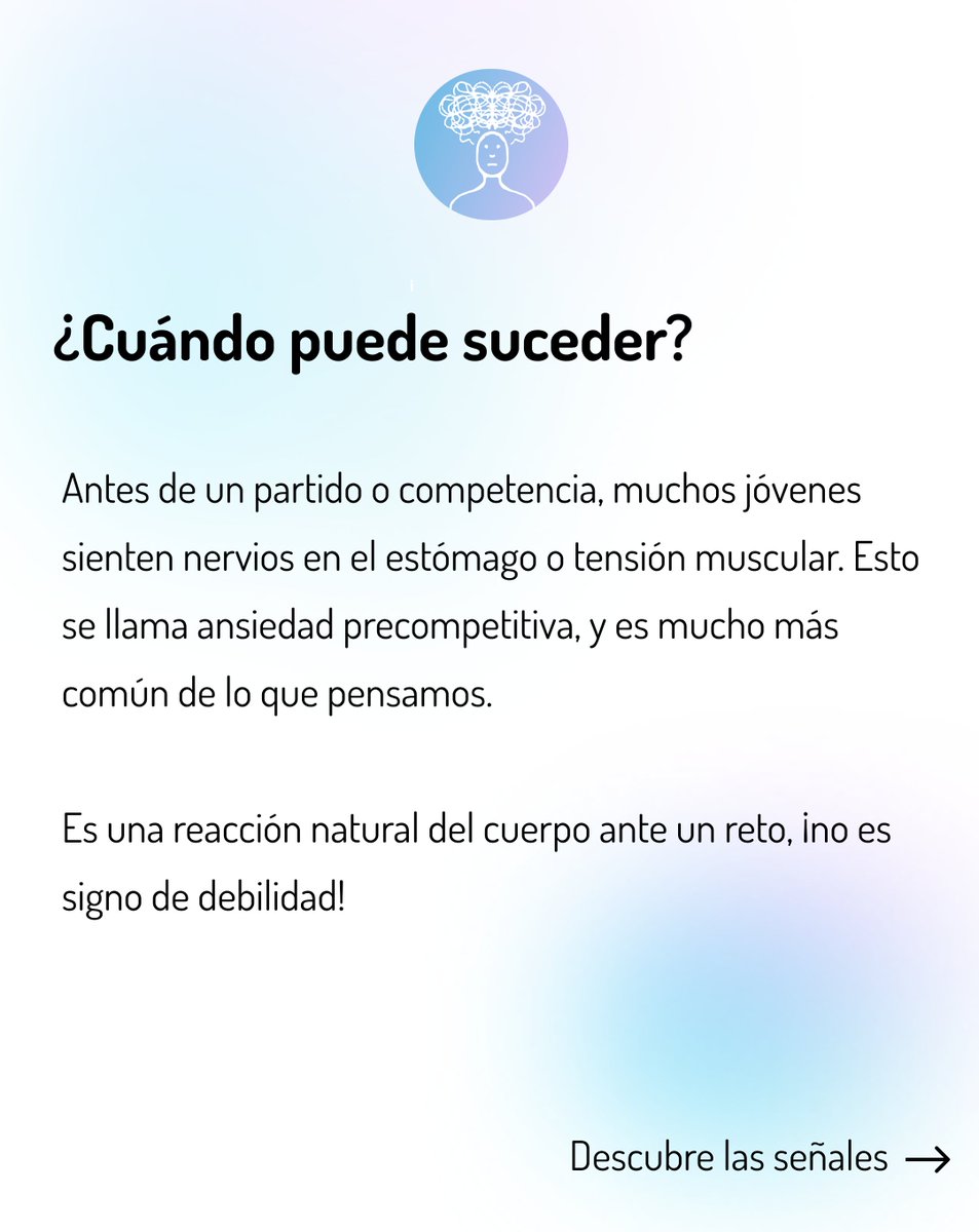medicina_esport's tweet image. ❓ ¿Sabías que muchos jóvenes deportistas sufren ansiedad precompetitiva antes de competir? 
✨ Nuestro equipo está especializado en ayudar a los jóvenes a manejar la presión, transformar los nervios en energía positiva y mejorar su desempeño.