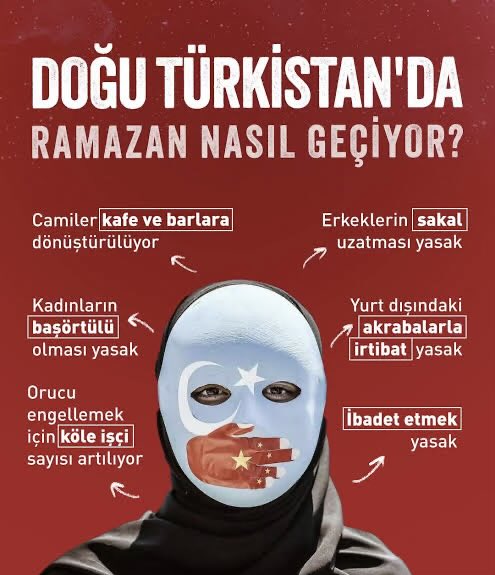 🔴 Ramazan’a 77 gün kaldı.

🔴 Çin işgali altındaki Doğu Türkistan’da; Oruç, iftar, sahur, teravih ve Kur’an yasak!