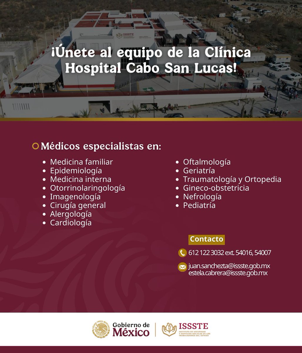🏥Únete al equipo de la Clínica Hospital Cabo San Lucas 📲📒 #issste #empleo #BCS