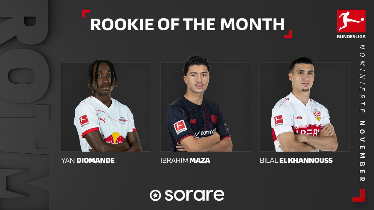 Bundesliga_DE's tweet photo. Wer wird der #BLRookie des Monats November?
🔥 Yan #Diomande | @RBLeipzig 
🔥 Ibrahim #Maza | @bayer04fussball 
🔥 Bilal #ElKhannouss | @VfB 

Jetzt abstimmen! ➡️ https://t.co/TUJGR8ogjs

#Sorare https://t.co/fELsxJLg4m