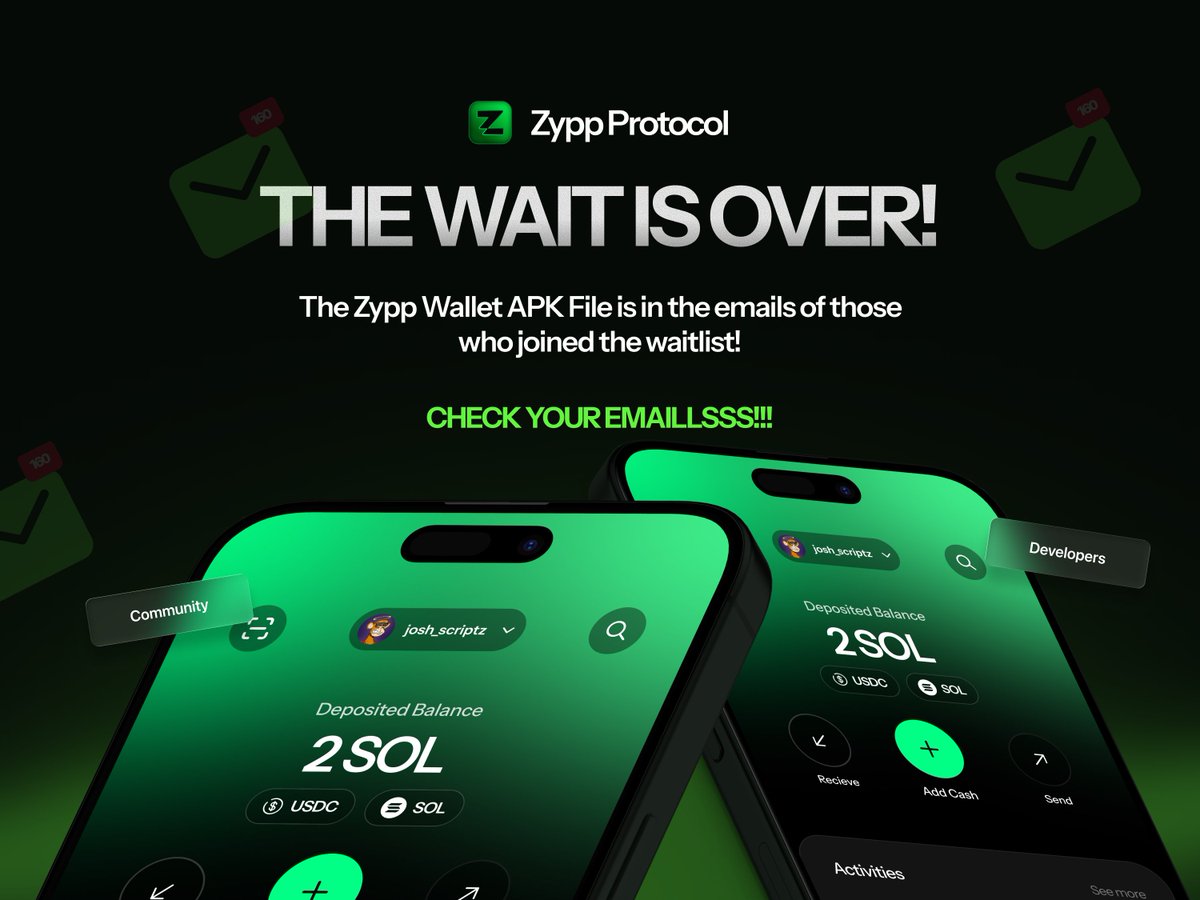 use_zypp's tweet image. 🥳 Closed Beta Drop is Heree 🥳

If you joined the waitlist, check your email, the Zypp Protocol Beta APK has just landed in your inbox.

This is your first look at offline-first crypto payments on @solana.
Bluetooth. NFC. Proximity.
Crypto that works without internet. 🔥

Go…