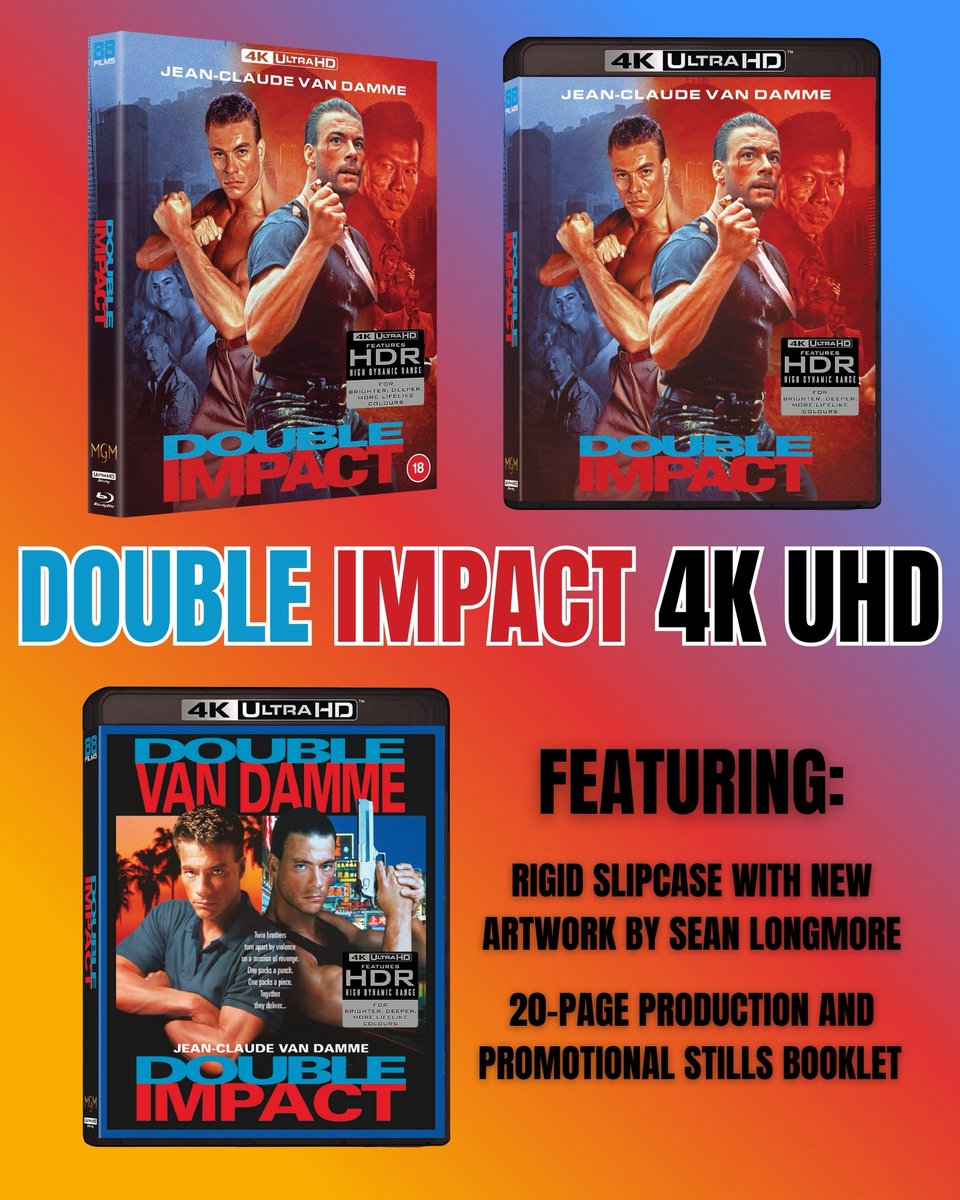 88_Films's tweet image. ***ANNOUNCEMENT***

We can FINALLY reveal… that we are releasing DOUBLE IMPACT in glorious 4K! 

This dual format 2-disc *Limited Edition* includes a rigid slipcase with new art by Sean Longmore and a 20-page perfect bound book.

Pre-order from Amazon &amp;amp; others from Fri 5th Dec!