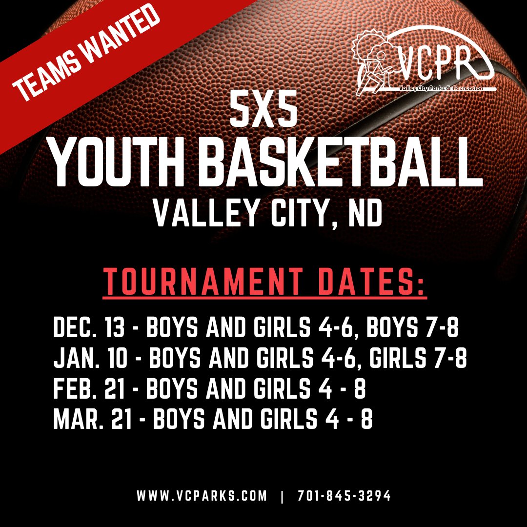 VCParkRec's tweet photo. Looking ahead - here are our next 5x5 youth basketball tournaments happening in Valley City!

For more information, visit https://t.co/Nbsd4i2i1E

Call Matt to register: 701-845-3294 https://t.co/h4tewaJhye