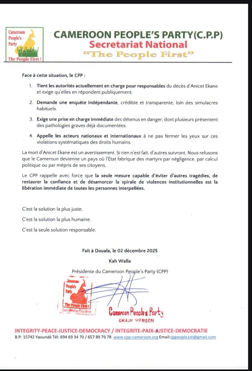 Décès d'Anicet EKANE - Communiqué du CPP

#FreeCameroon