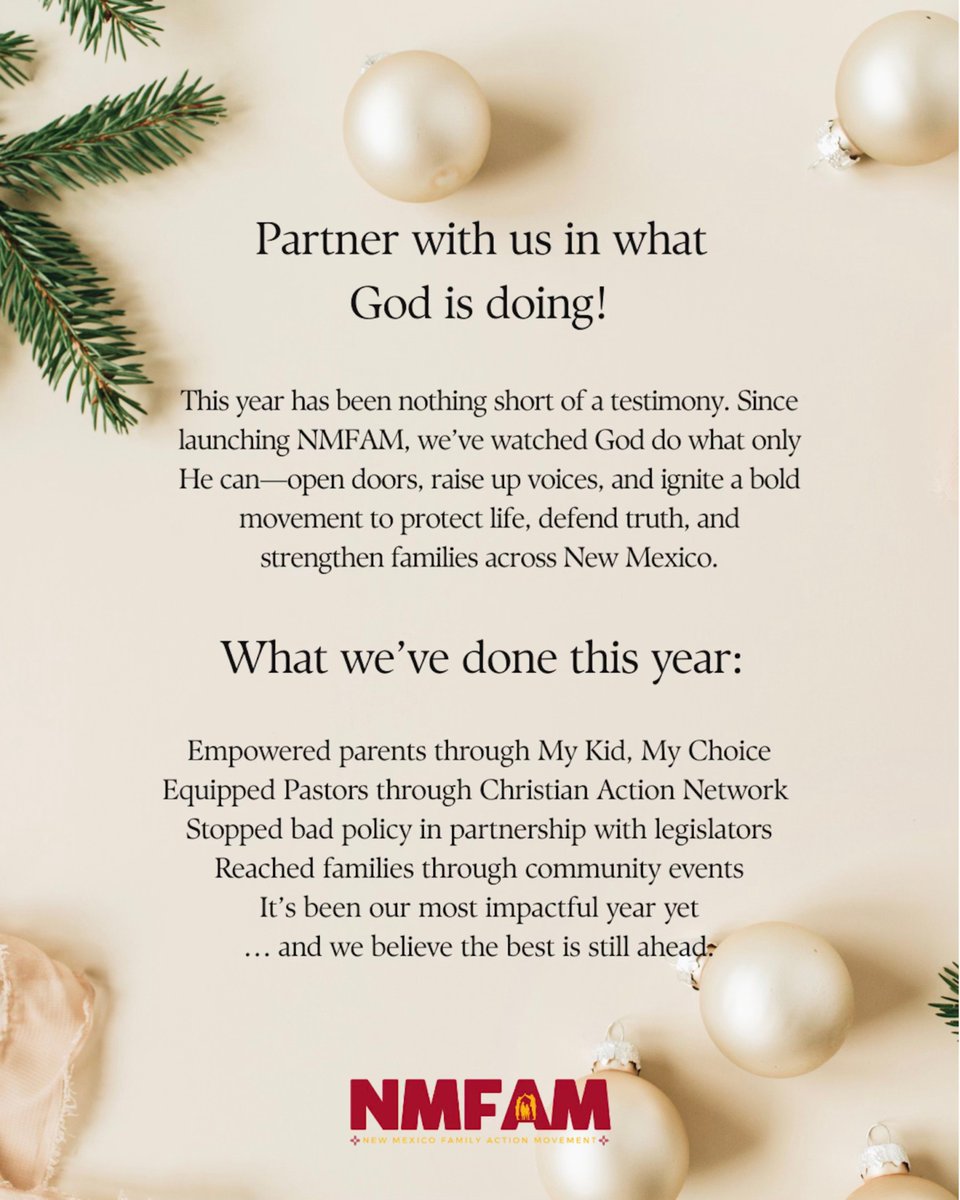 This Giving Tuesday, we’re inviting you to sow into the work God is doing through NMFAM! Every gift—big or small—helps us strengthen families, uplift communities, and shine His light across NM! 🕯️ 🌲 

Give today by using the link below or in our bio:
fam.campaignnucleus.com/l/nnPhU0X
