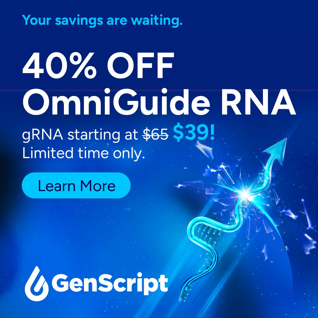 GenScript's tweet image. ⌛ Don’t miss out — new gRNA customers get 𝟰𝟬% 𝗢𝗙𝗙 your first order of OmniGuide RNA!

The world’s most capable guide RNA is now more accessible than ever.
𝗖𝗹𝗮𝗶𝗺 𝗬𝗼𝘂𝗿 𝗖𝗼𝘂𝗽𝗼𝗻: bit.ly/47Am3qd

#CRISPR #GeneEditing #CGT #OmniGuide #ScriptingPossibilities
